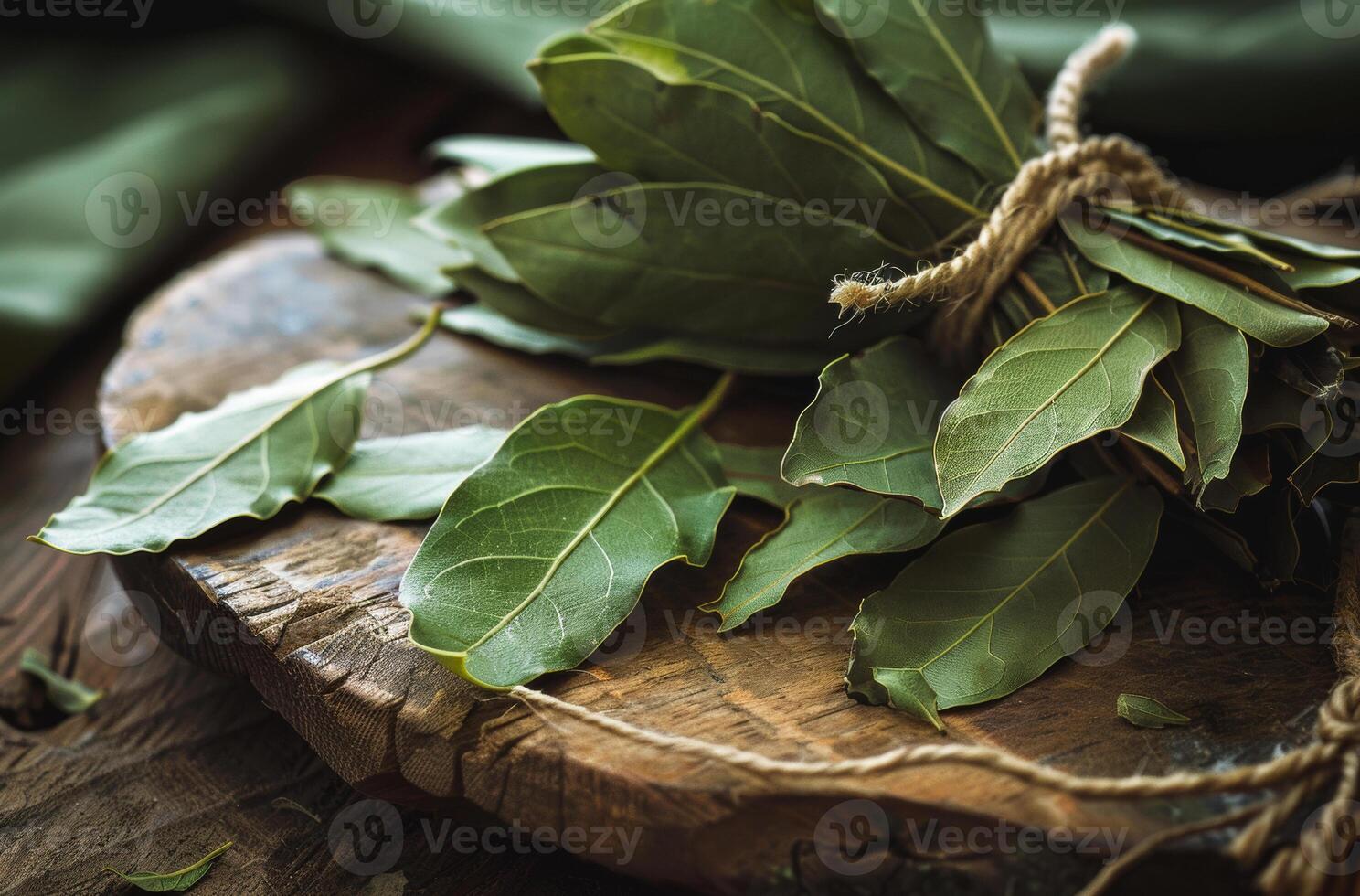 AI generated Bay leaves on wooden board and rope photo