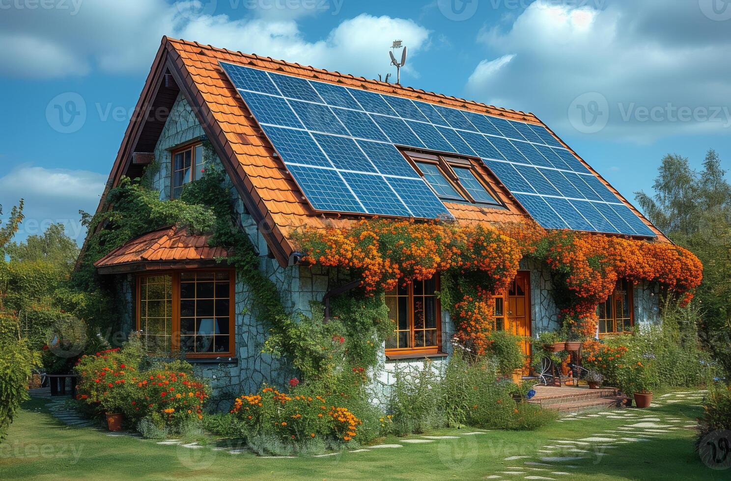 AI generated Solar panels on the roof of beautiful home with flowers and plants. Photovoltaic system on the roof photo
