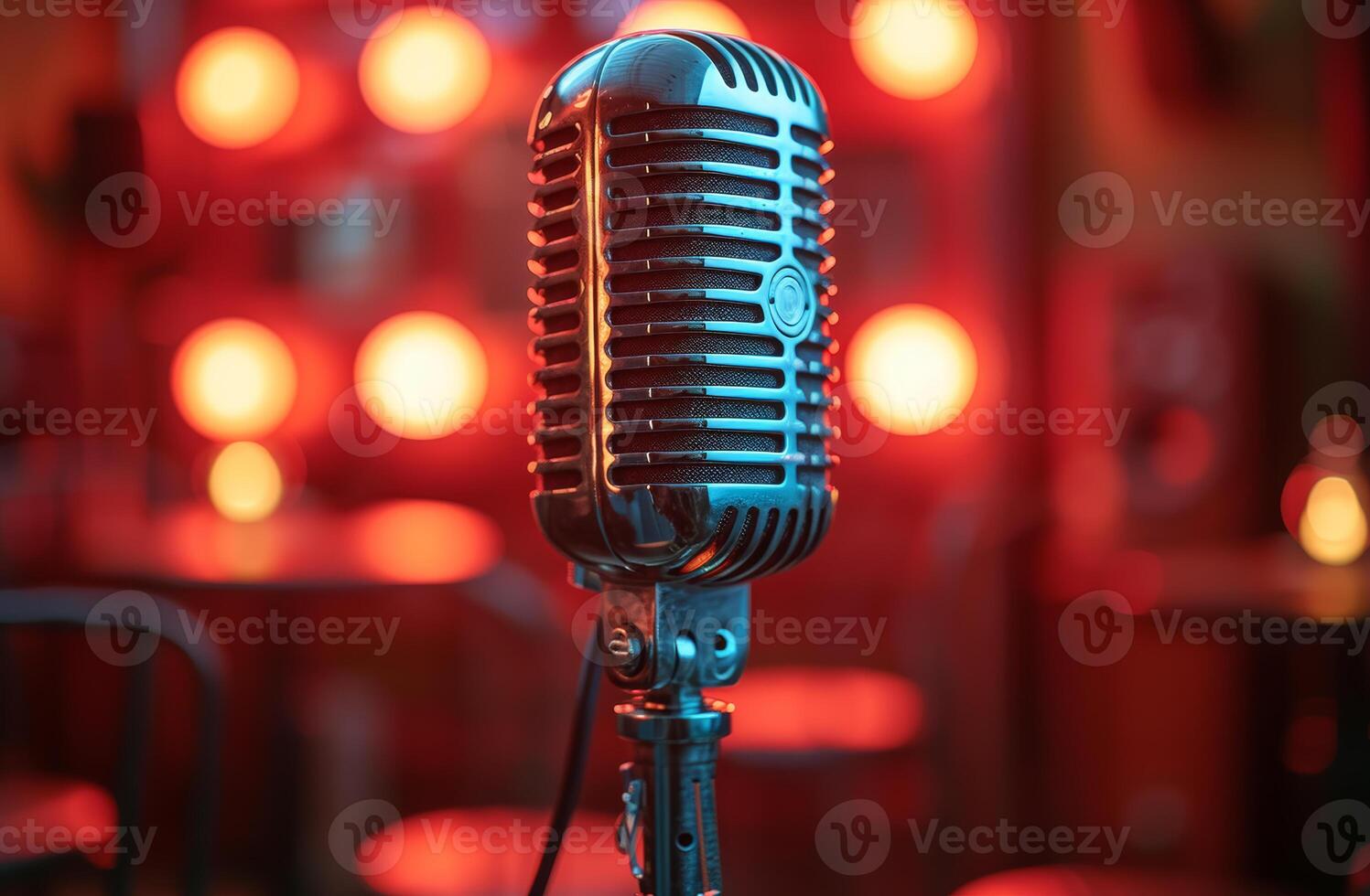 AI generated Vintage microphone on stage in the night club photo