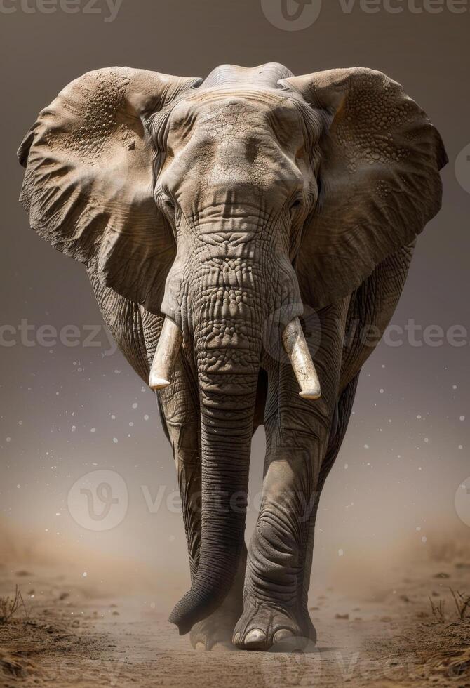 AI generated Elephant walking in the dust. A elephant walking towards the camera photo