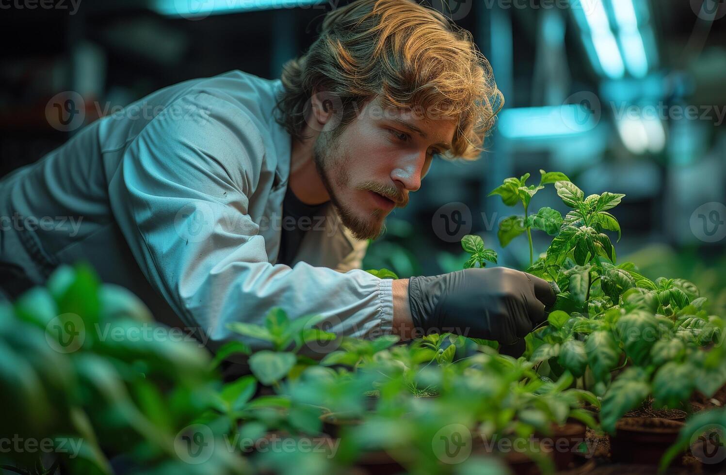 AI generated Young researcher examines plants in laboratory photo