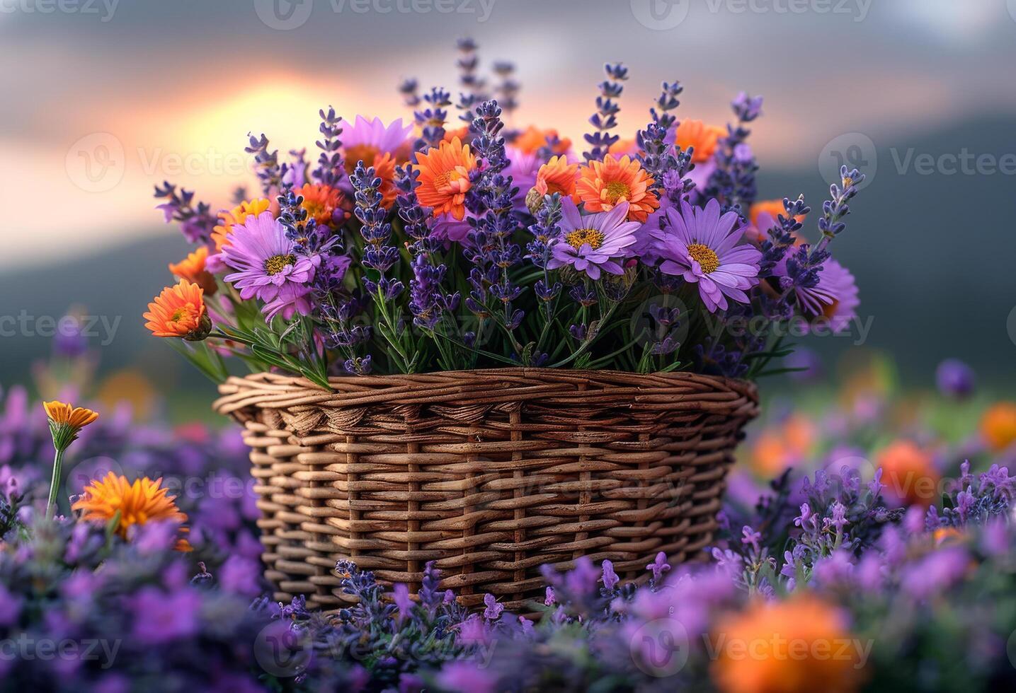 AI generated Basket with lavender and camomile in the sunset photo