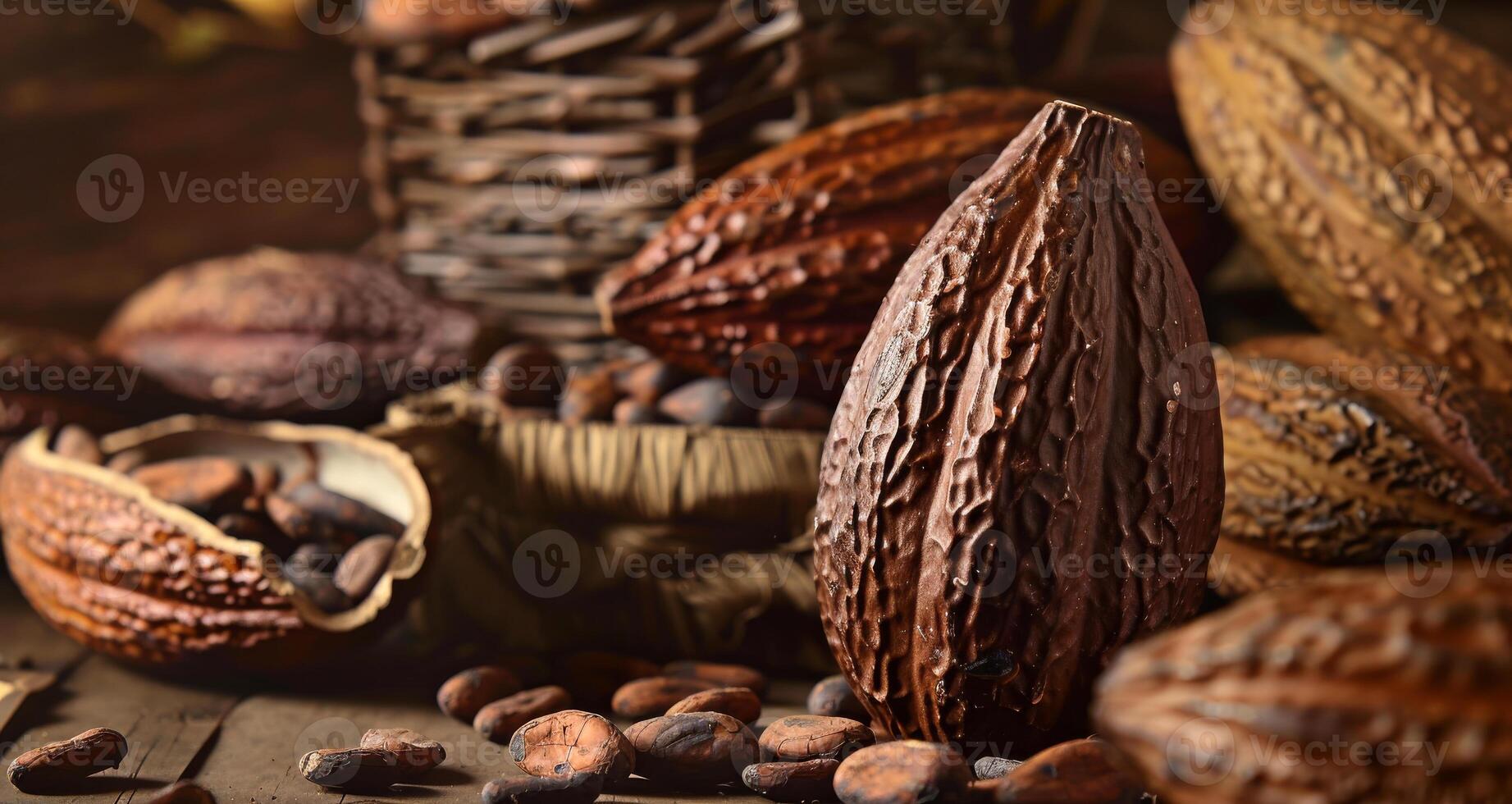 AI generated Cocoa beans and cocoa pod cocoa powder and chocolate on the wooden background photo