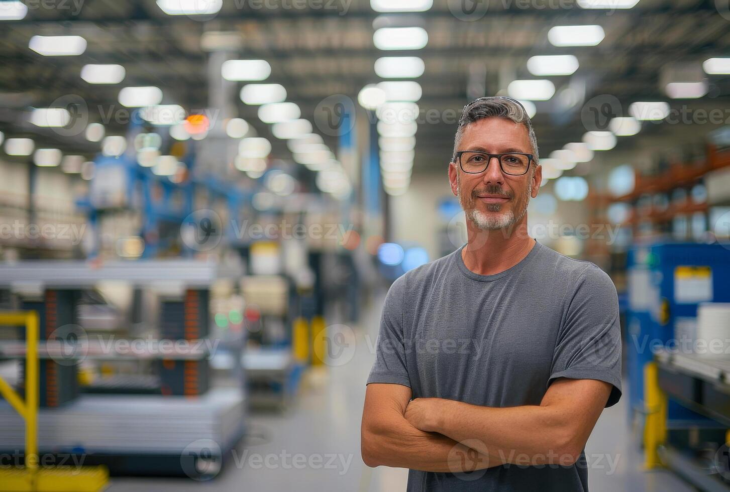 AI generated Portrait of smiling man with arms crossed in factory photo