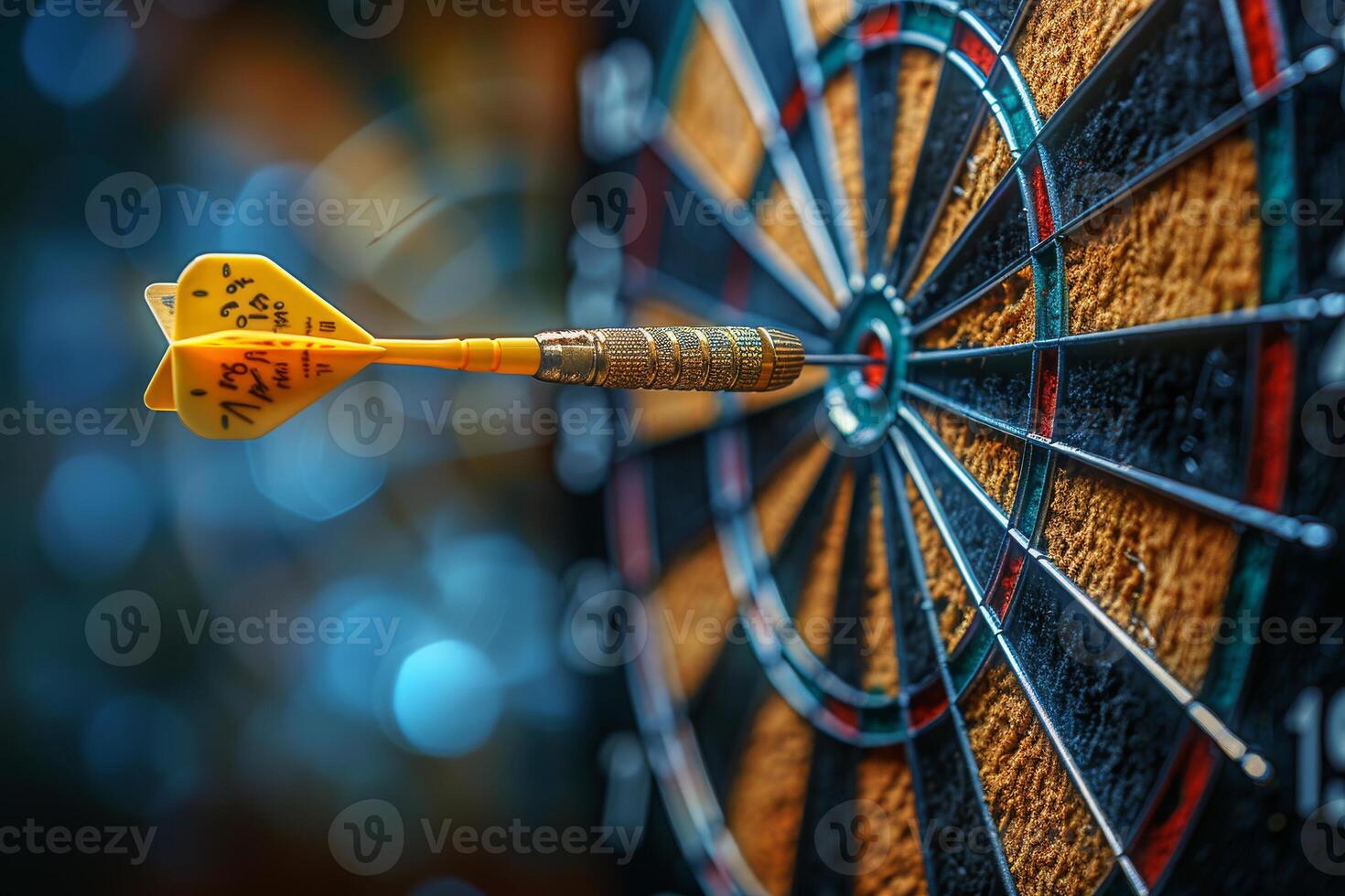 AI generated Yellow dart arrow hitting in the target center of dartboard with bokeh background photo