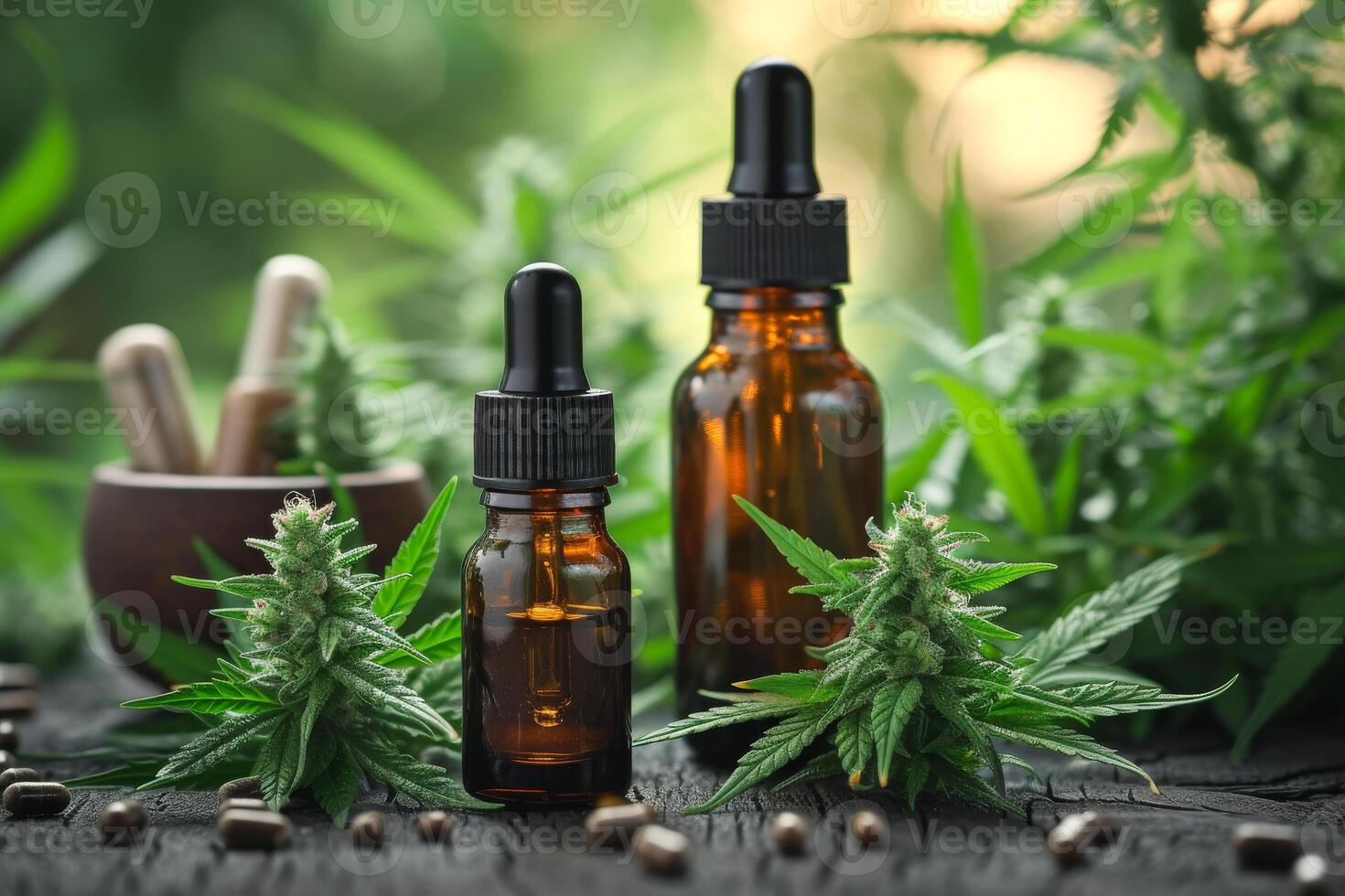 AI generated Two bottles of CBD oil with cannabis leaves and bowl of seeds. Cannabis oil photo