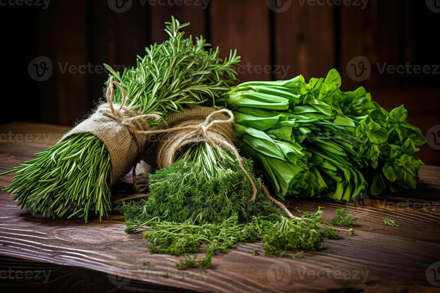 AI generated Bundles of fresh green herbs on wooden table photo