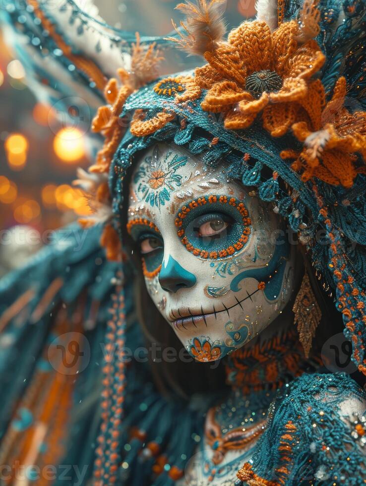 AI generated Close-up portrait of woman with sugar skull makeup photo