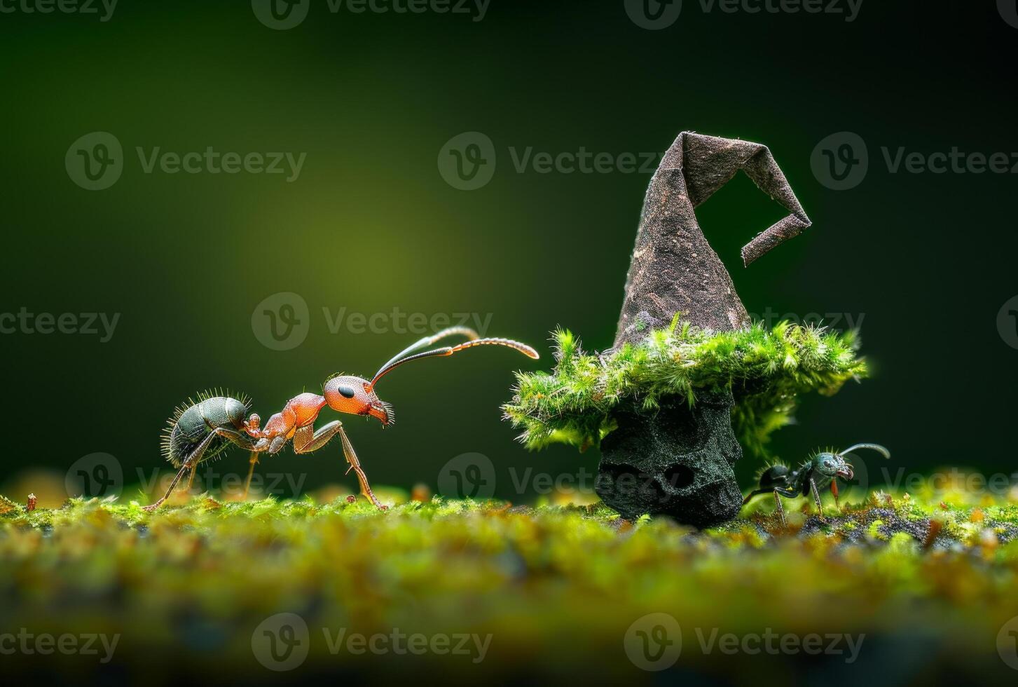 AI generated Red leaf cutter ant is carrying piece of moss to small house. photo