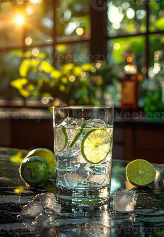 AI generated Gin and tonic with lime and ice on the table photo