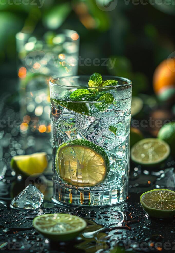 AI generated Cold refreshing drink with lime mint and ice on black table photo