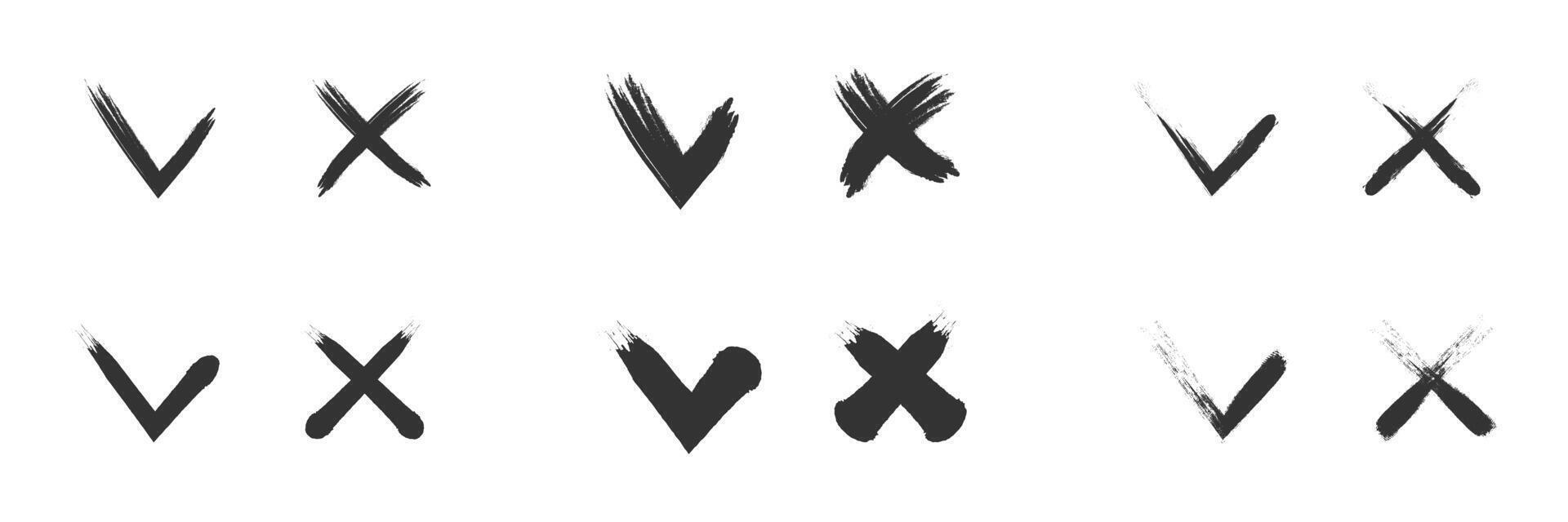 Set of checkmarks and cross signs. Check marks drawn with a brush. Vector illustration.
