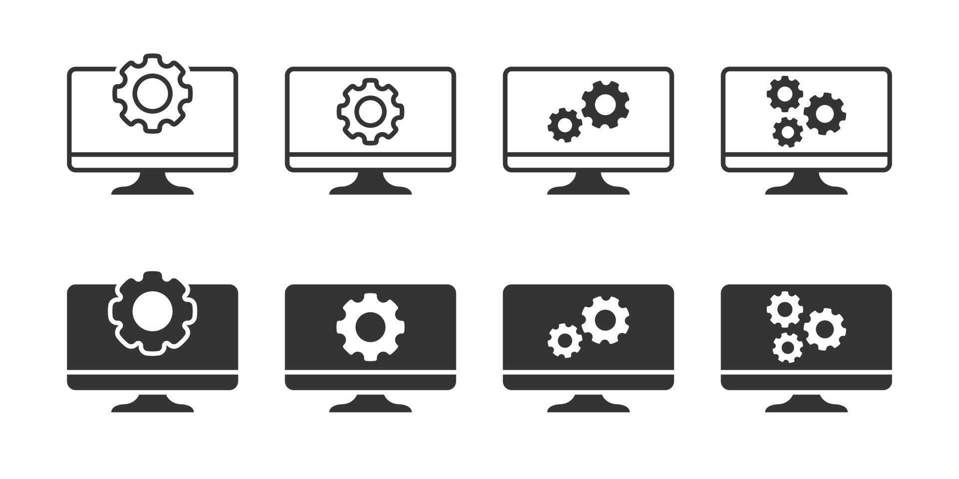 Set of computer settings icons. Display options symbol. Computer and gear icon. Vector illustration.