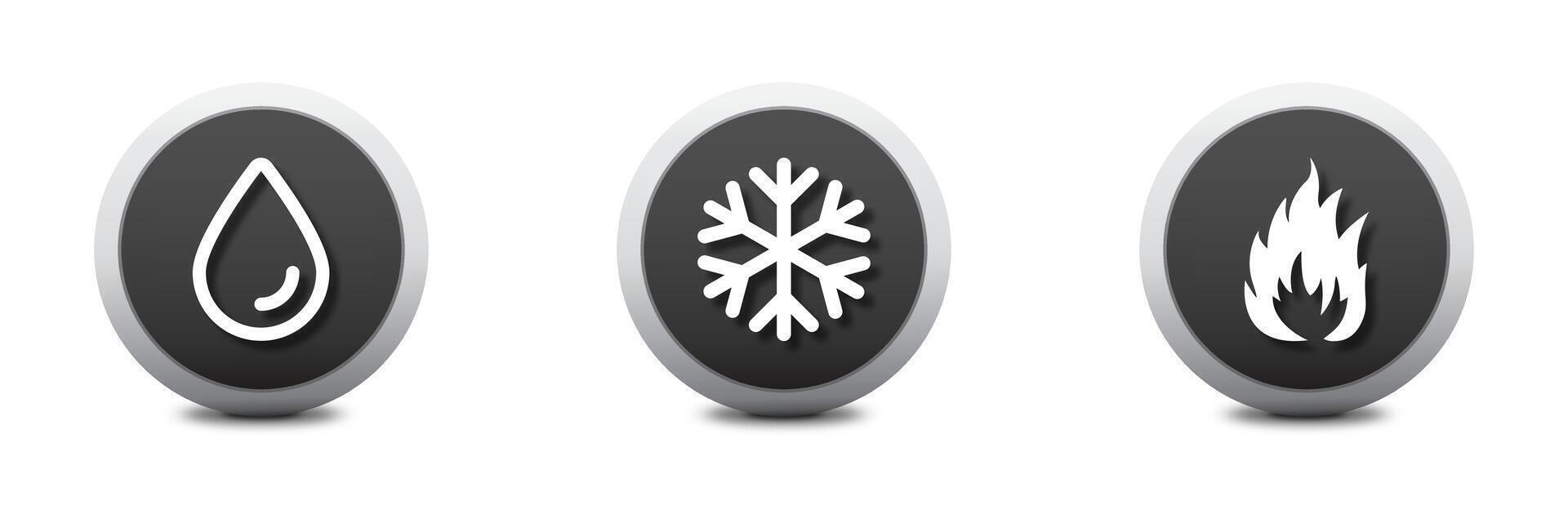 Water, fire, and snowflake icons. Round buttons with shadows. Flat vector illustration.