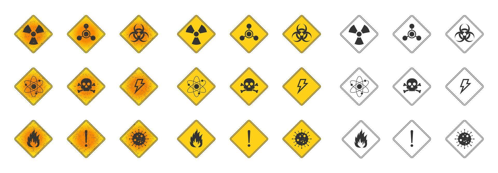 Set of Warning Hazard Signs. Includes black and white, yellow, and grunge texture. Vector illustration.