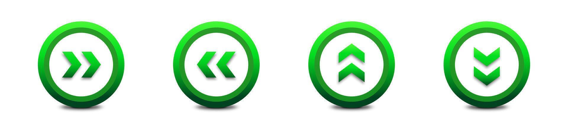 Green arrows set. 3d buttons with shadows. Flat vector illustration.