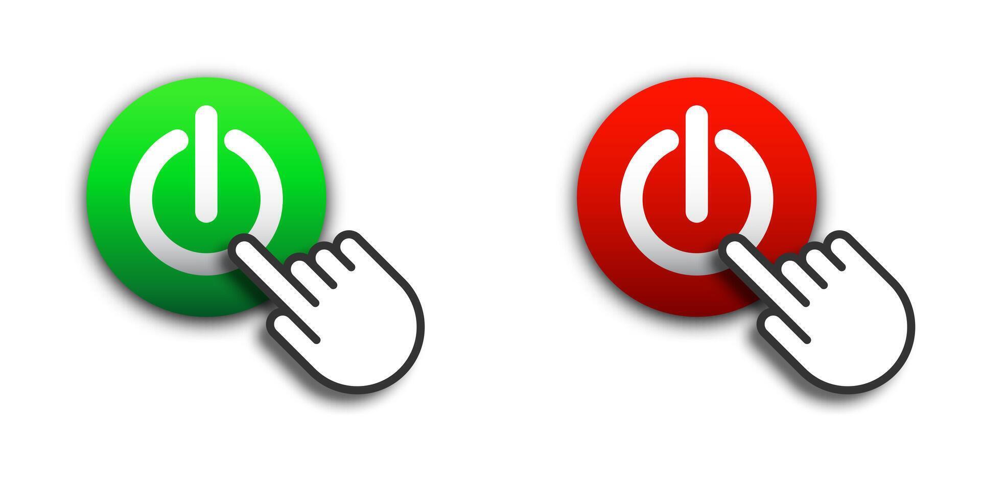 Finger touching on power button. Red and green button with shadows and finger icon pointing on it. Vector illustration.