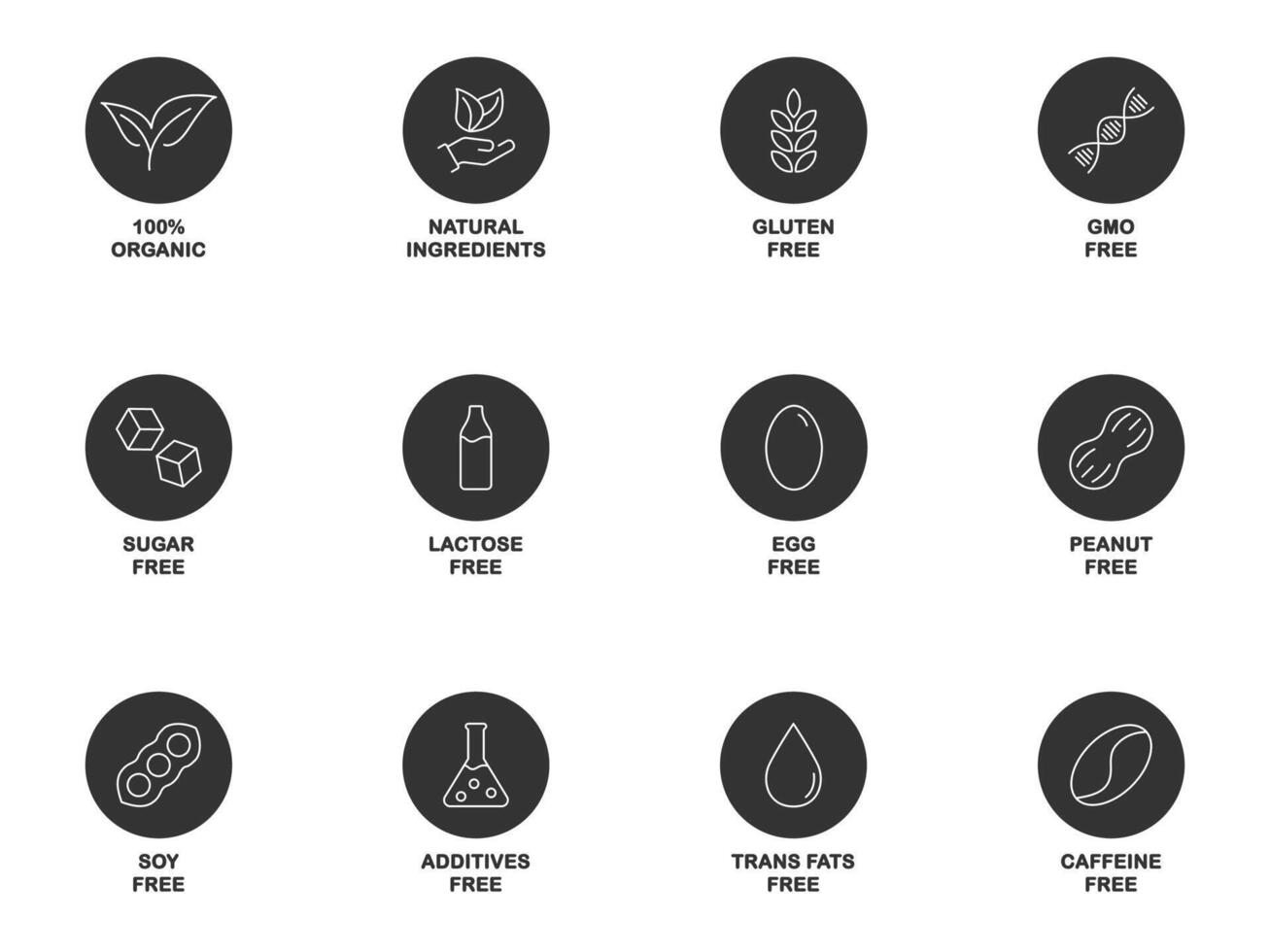 Allergen free icons set. Common allergens. Dietary allergens icons. Vector illustration.