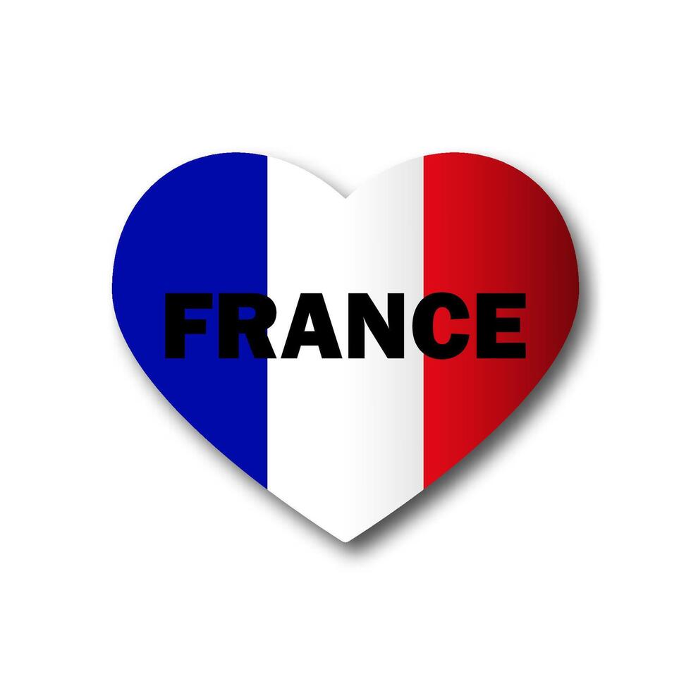 France flag in heart contour with lettering and shadow. Flat vector illustration.