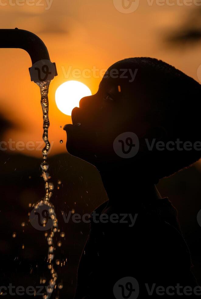 AI generated Boy drinks water from tap during sunset in the village photo