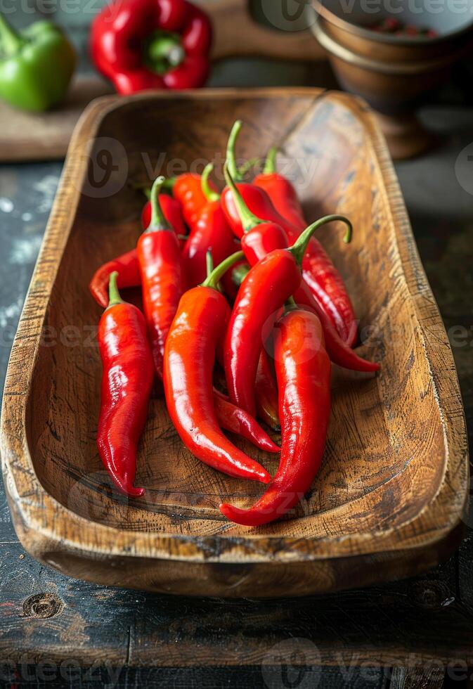 AI generated Red hot chili peppers on wooden tray photo