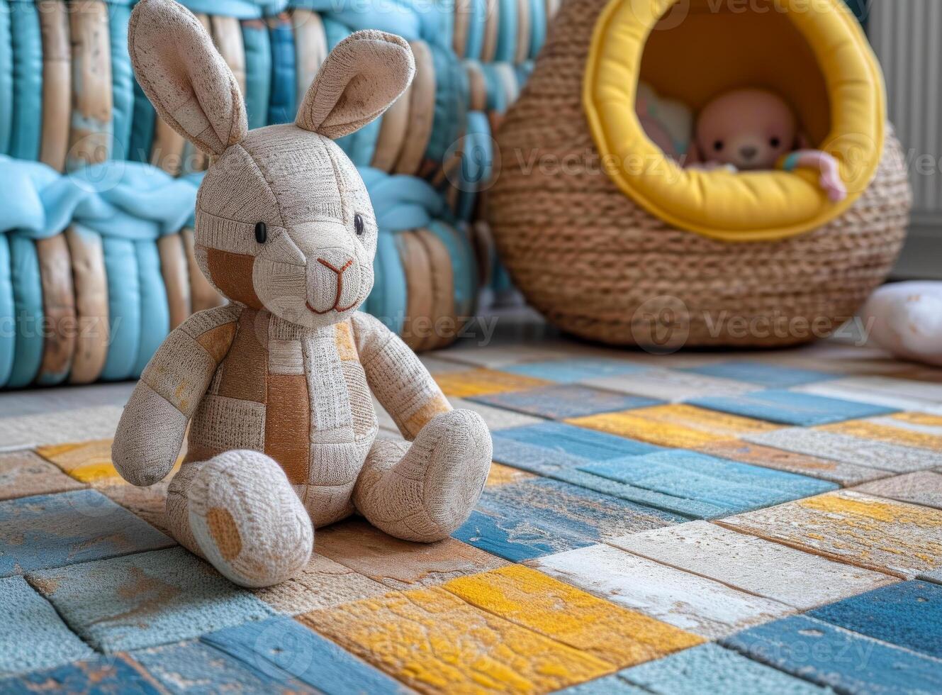 AI generated Toy rabbit sits on multi-colored carpet in children's room photo