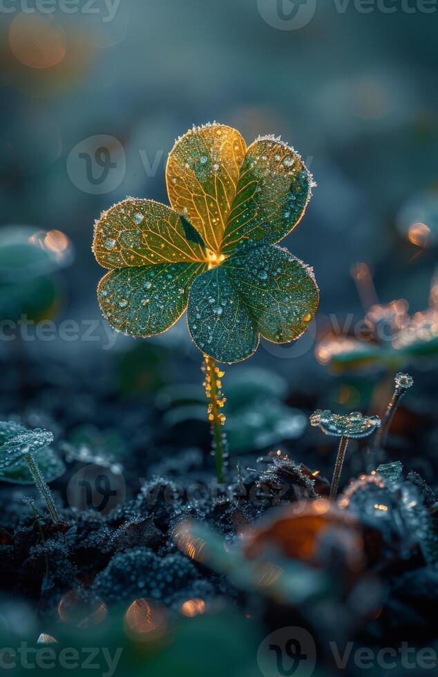 AI generated Green clover is covered with dew drops photo