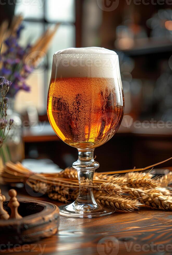 AI generated Glass of cold light beer with foam on the wooden bar counter in pub photo