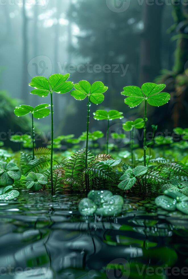 AI generated Beautiful ferns and lily pads in swamp in the rainforest photo