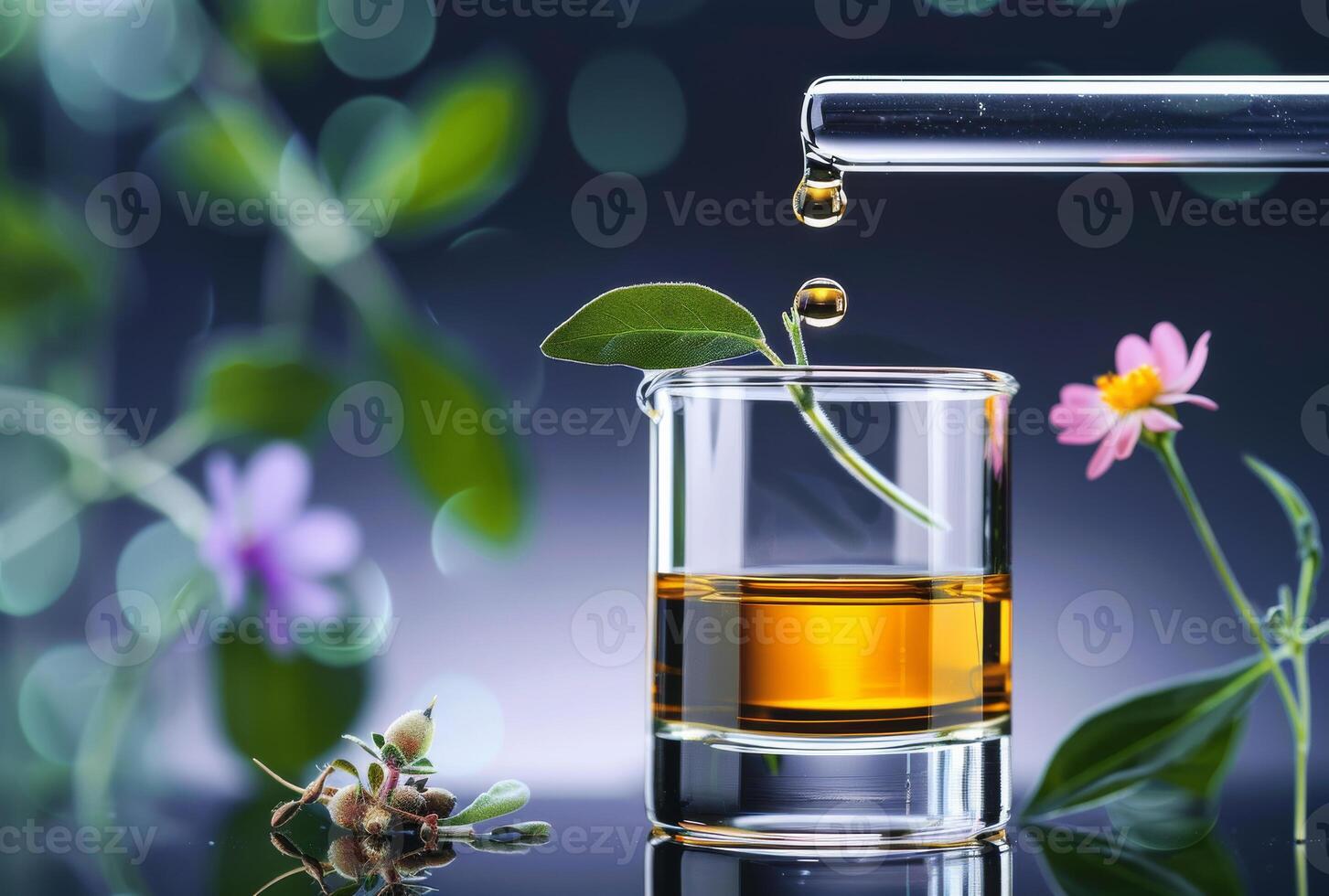 AI generated Essential oil dripping from pipette into the glass photo