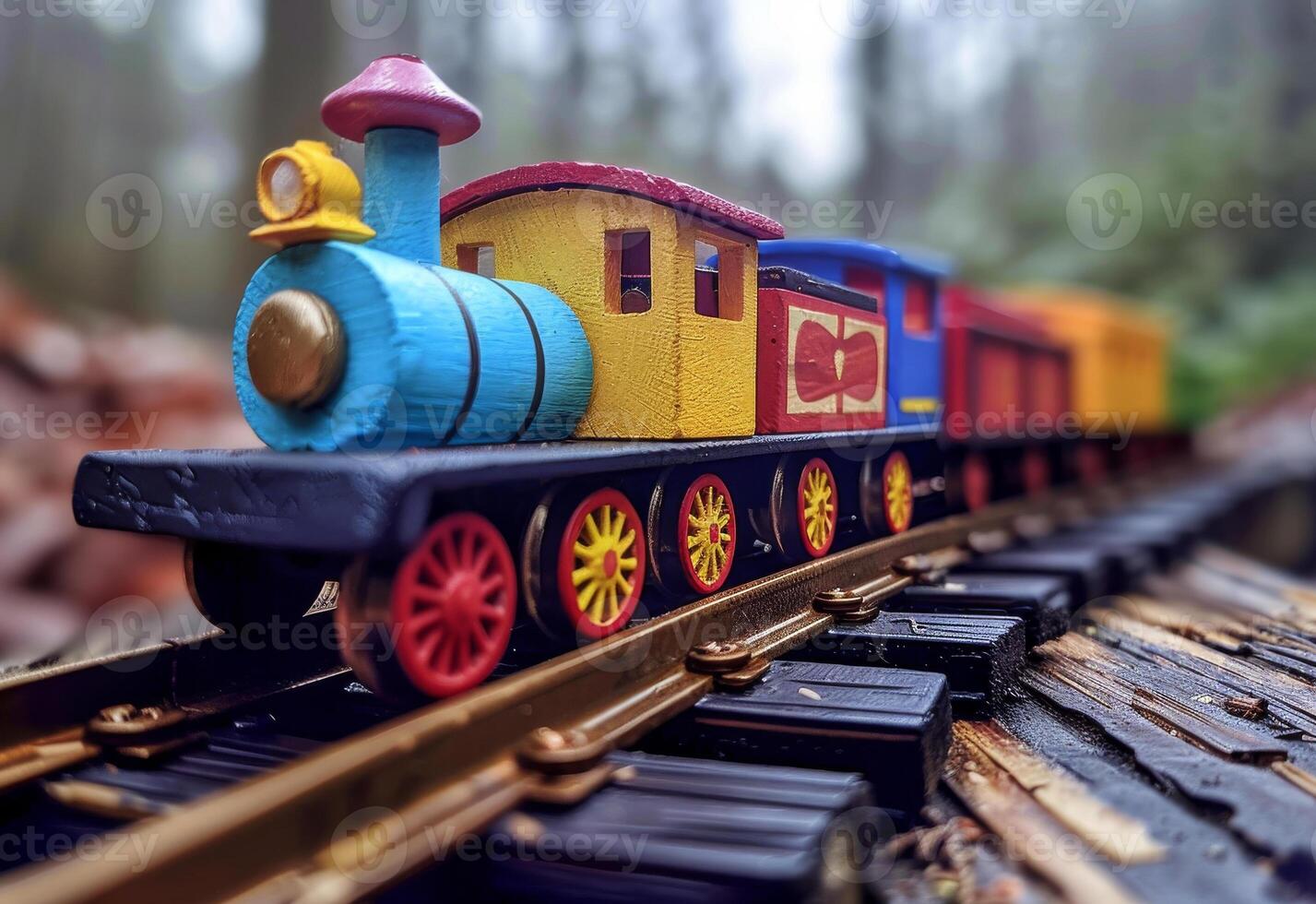 AI generated Toy train moving on the railroad tracks photo