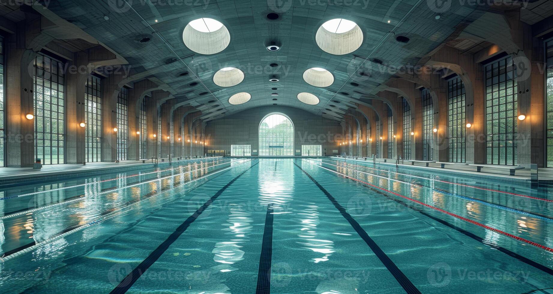 AI generated Indoor swimming pool with vaulted ceiling and skylights. Aquatic centre adv water management photo