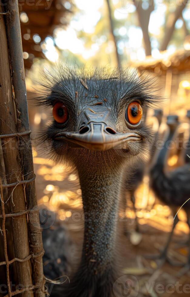 AI generated Ostrich looking at the camera with big eyes. One of the ostriches standing at an enclosure photo
