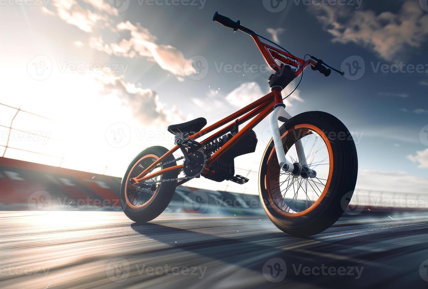 AI generated BMX bike on the track. The BMX bike is captured mid trick in a bright daylight lit photo