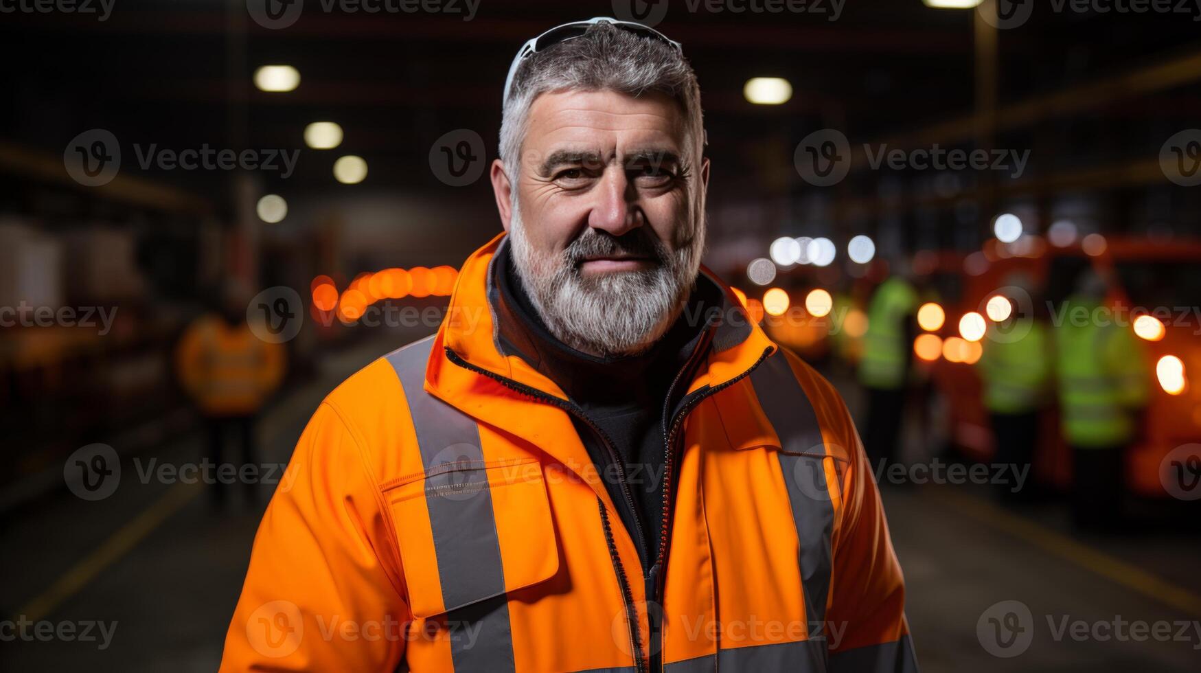 AI generated Smiling male worker standing in warehouse and looking at camera with a confident expression photo