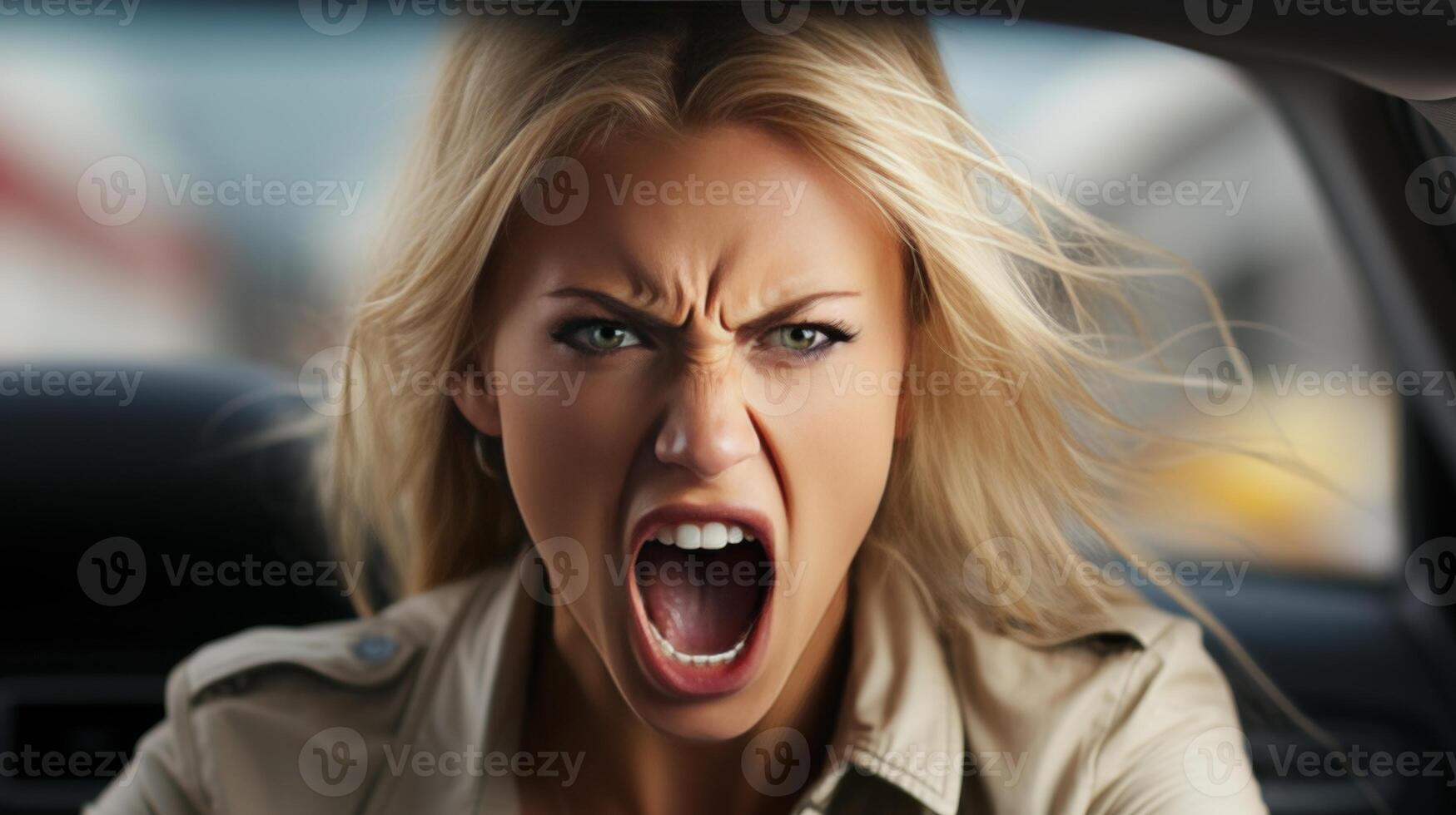 AI generated Furious woman driving car on white background with copy space, road rage concept photo
