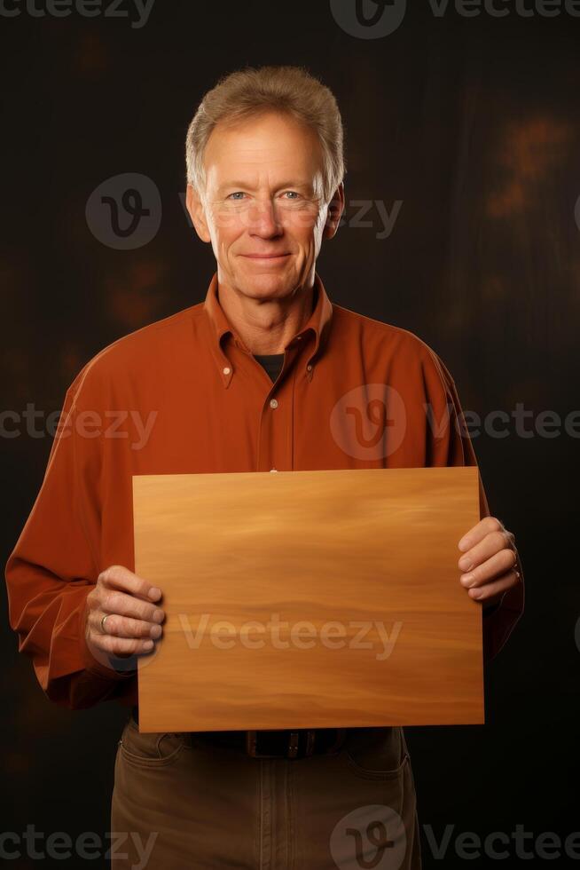 AI generated Happy individual holding sign mockup with text space. Vertical layout for various applications. photo