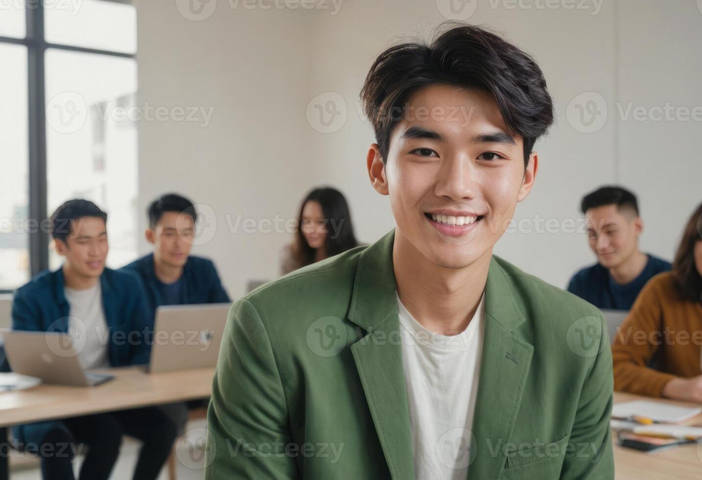 AI Generated A confident male leader during a team meeting. photo