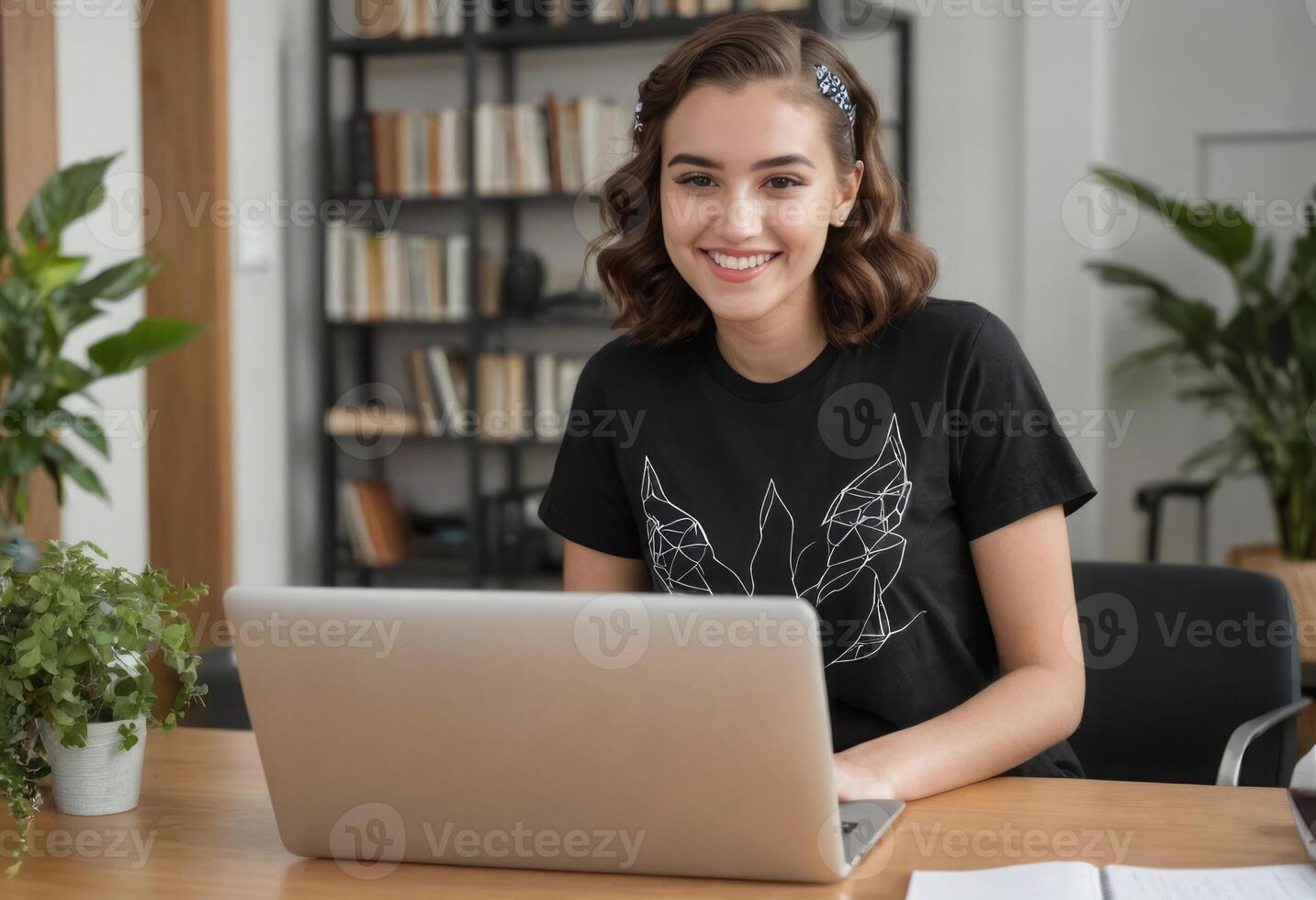AI Generated A smiling woman using a MacBook in a well-lit office space. The image depicts a comfortable and upbeat work setting. photo