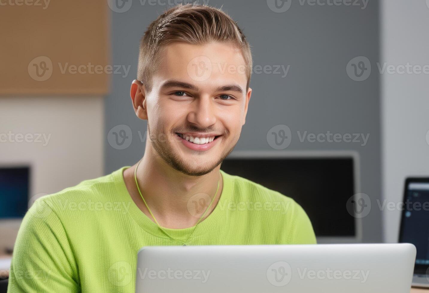 AI Generated Man in orange shirt holding a tablet with a bright smile. Lively and modern office environment. photo