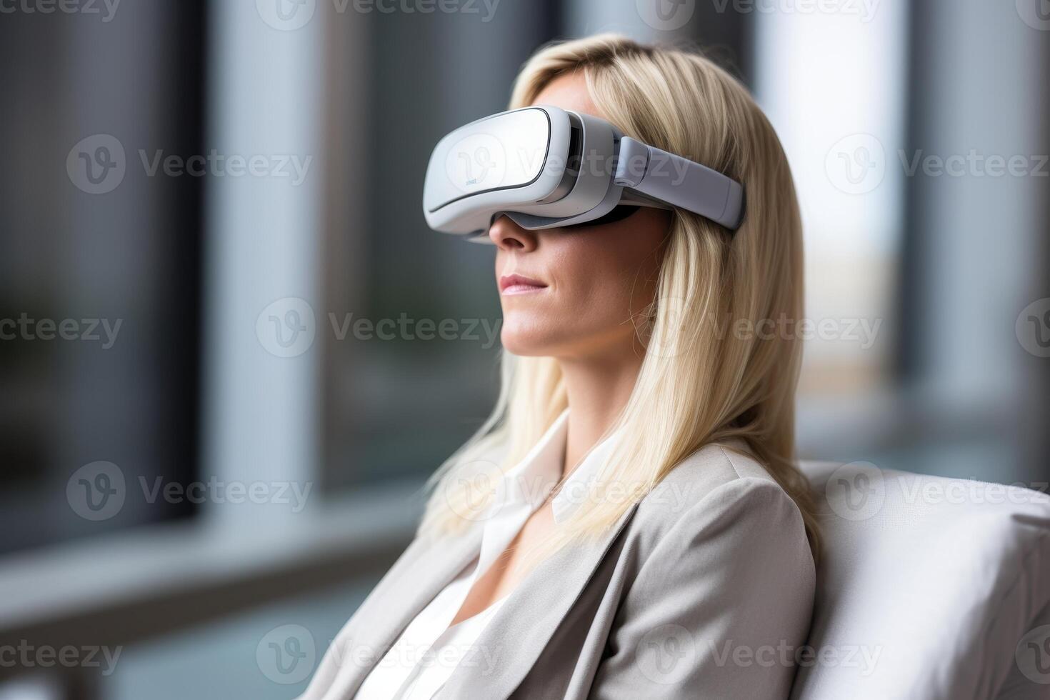 AI generated Woman relaxing on the sofa experiencing virtual reality with space for text and adding elements photo