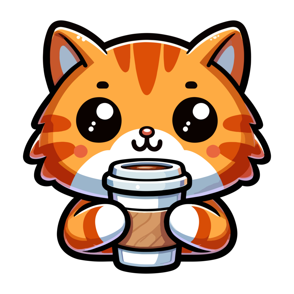 AI generated cute cat drinking coffee character illustration png