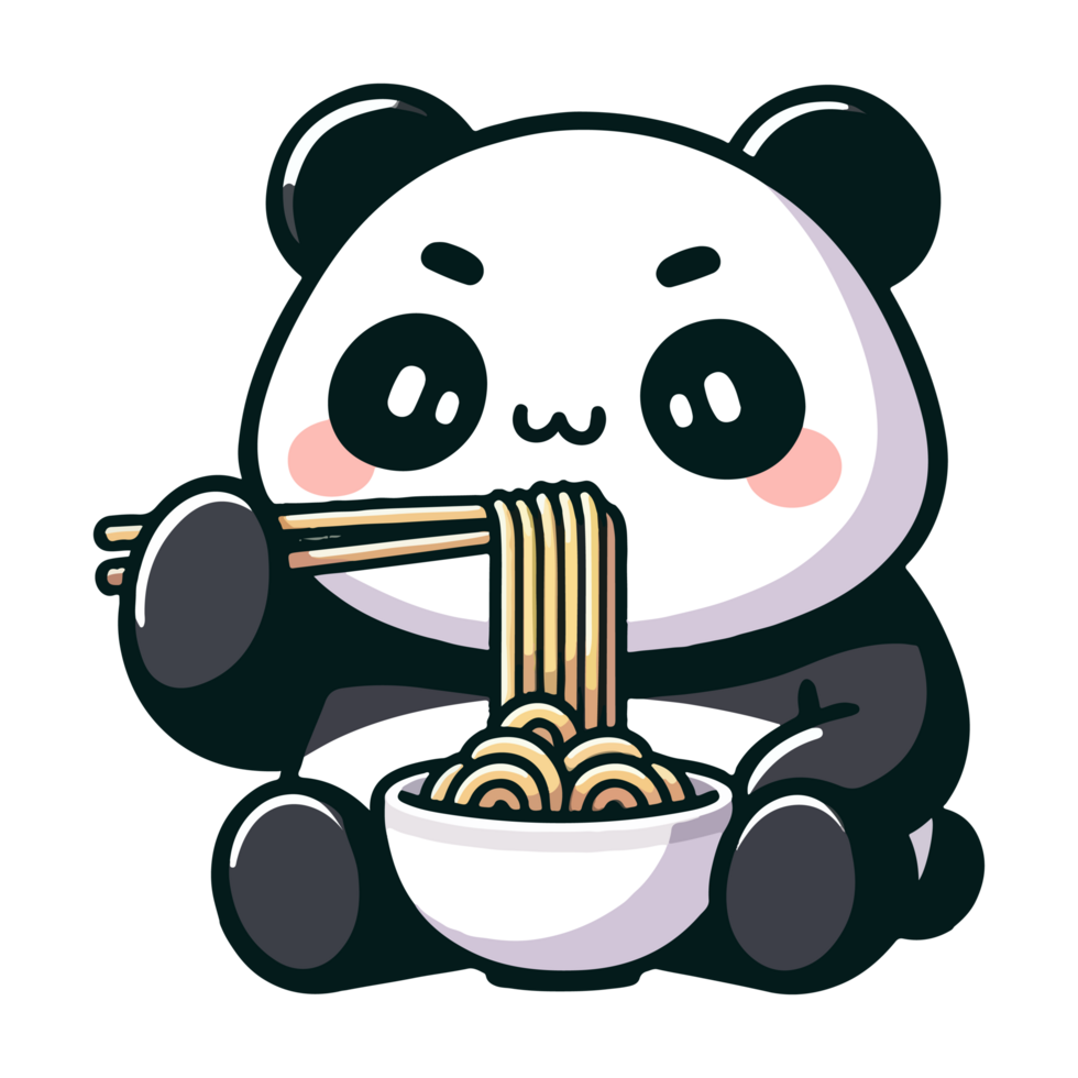 AI generated cartoon cute panda eating noodles icon character png