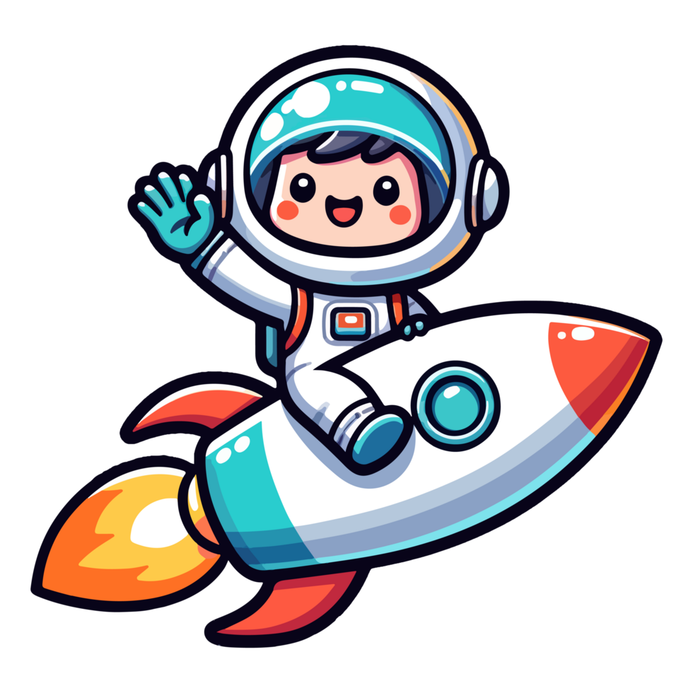 AI generated cartoon cute boy ride rocket spaceship icon character png