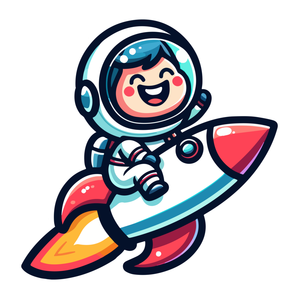 AI generated cartoon cute boy ride rocket spaceship icon character png