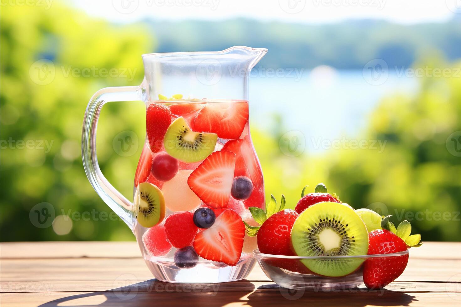 AI generated Refreshing jug drink with fresh fruits and ample copy space for text and advertising photo