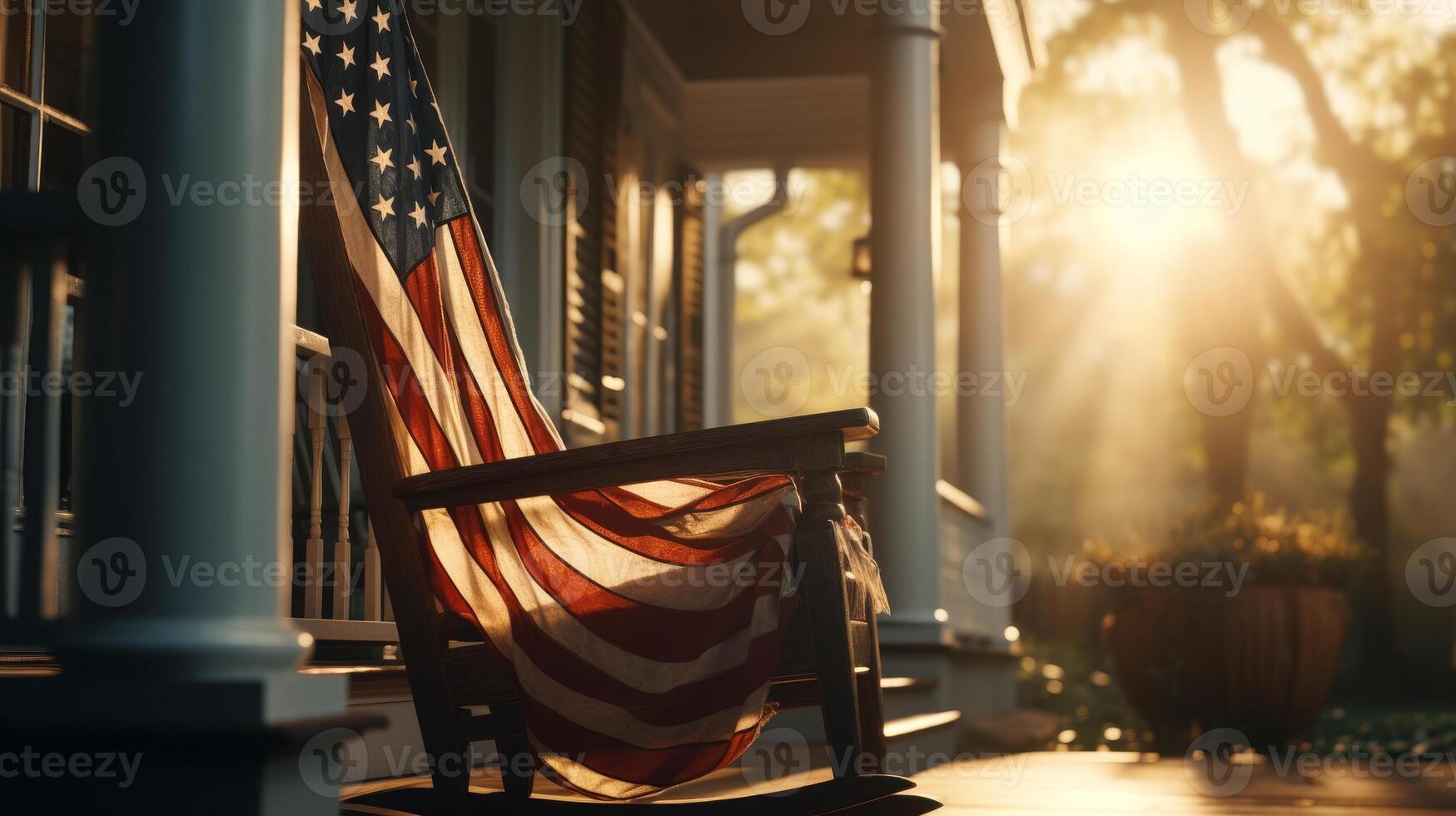 AI generated Patriotic decor highlighting front porch entrance on blurred background with copy space. Independence Day USA July 4 photo