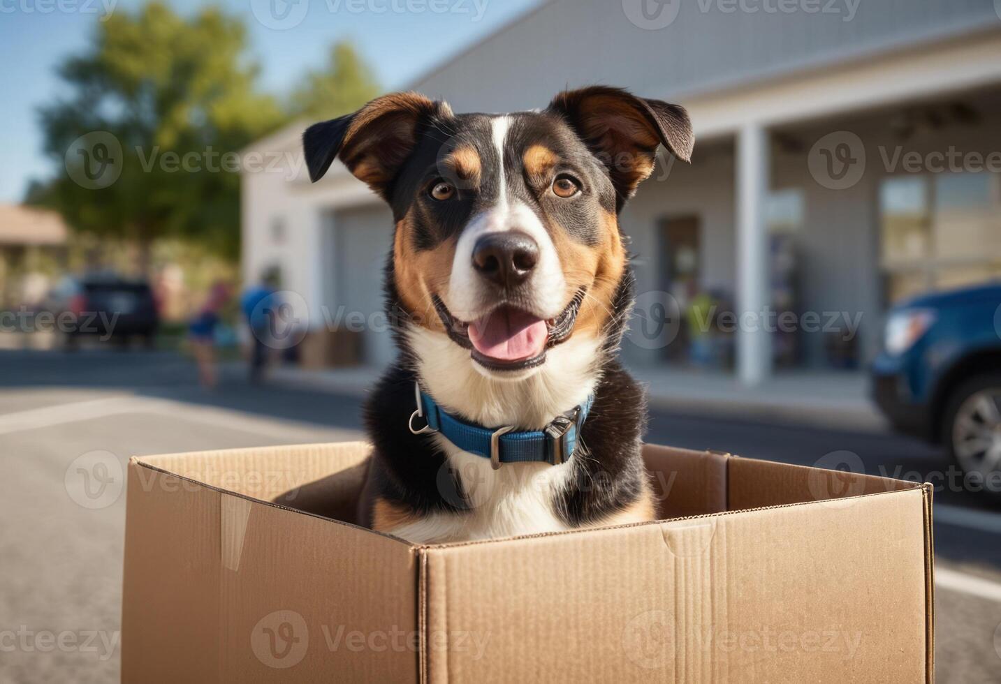 AI Generated A delivery man smiles as a happy dog peers out of a delivery box, showing a unique and cheerful aspect of his workday. photo