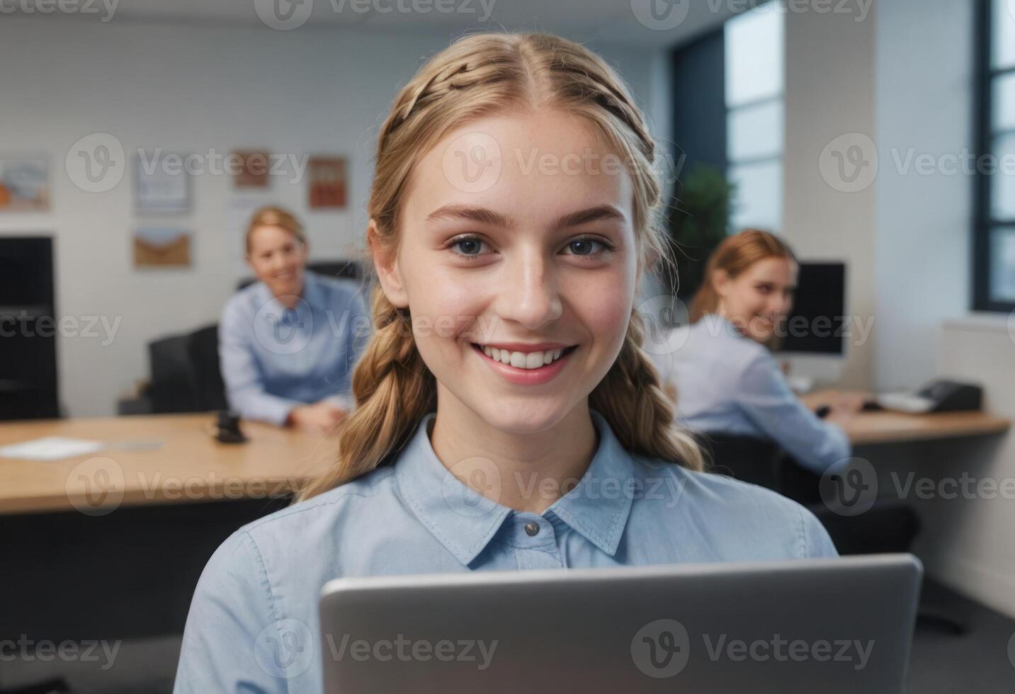 AI Generated Young woman at her desk in office, looking at the camera. Professional and inviting atmosphere. photo
