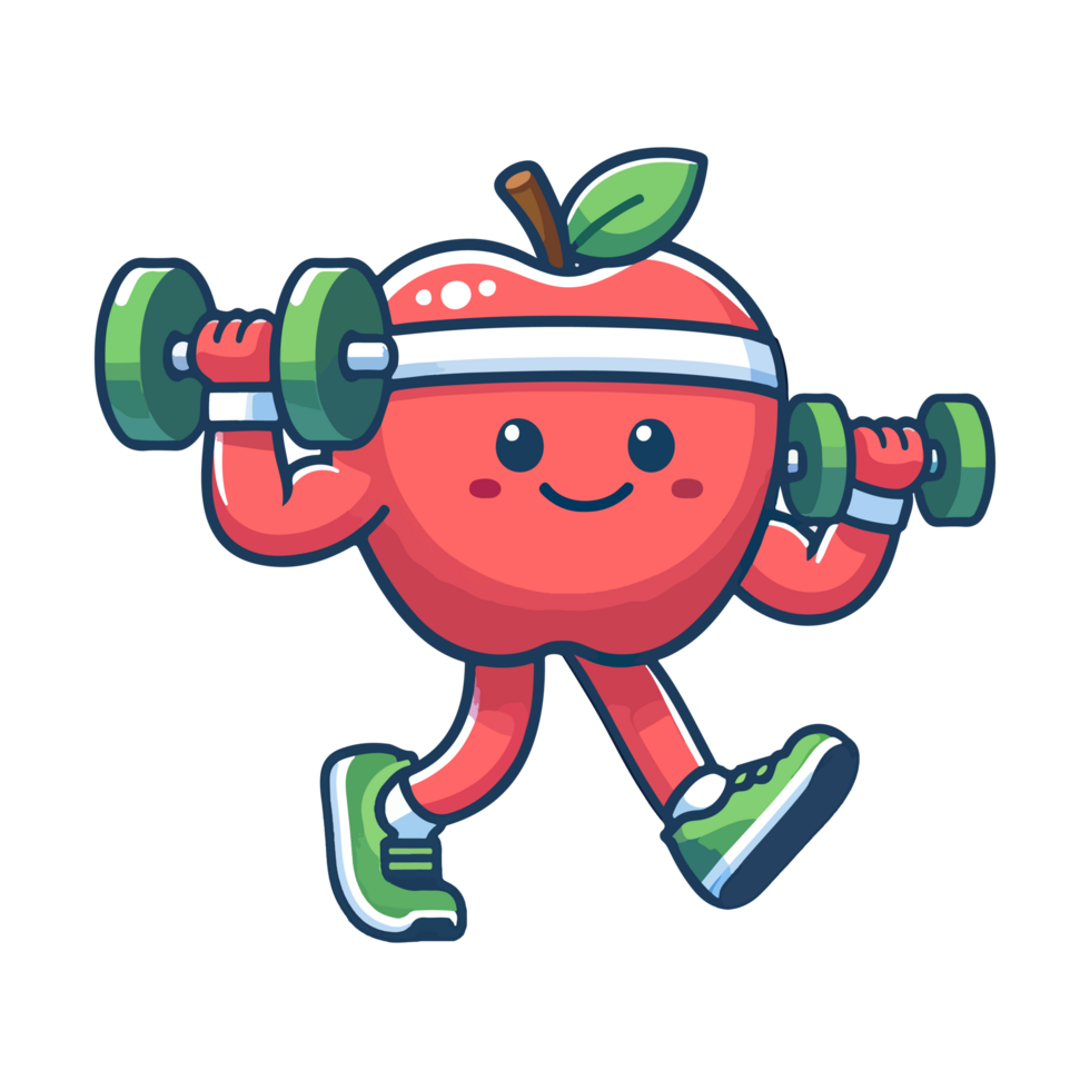 AI generated cartoon icon character cute apple fitness weightlifting png